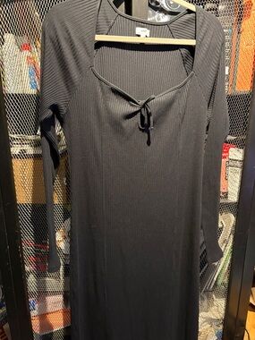 aerie Black Ribbed Long Sleeve Tie-Neck Midi Dress